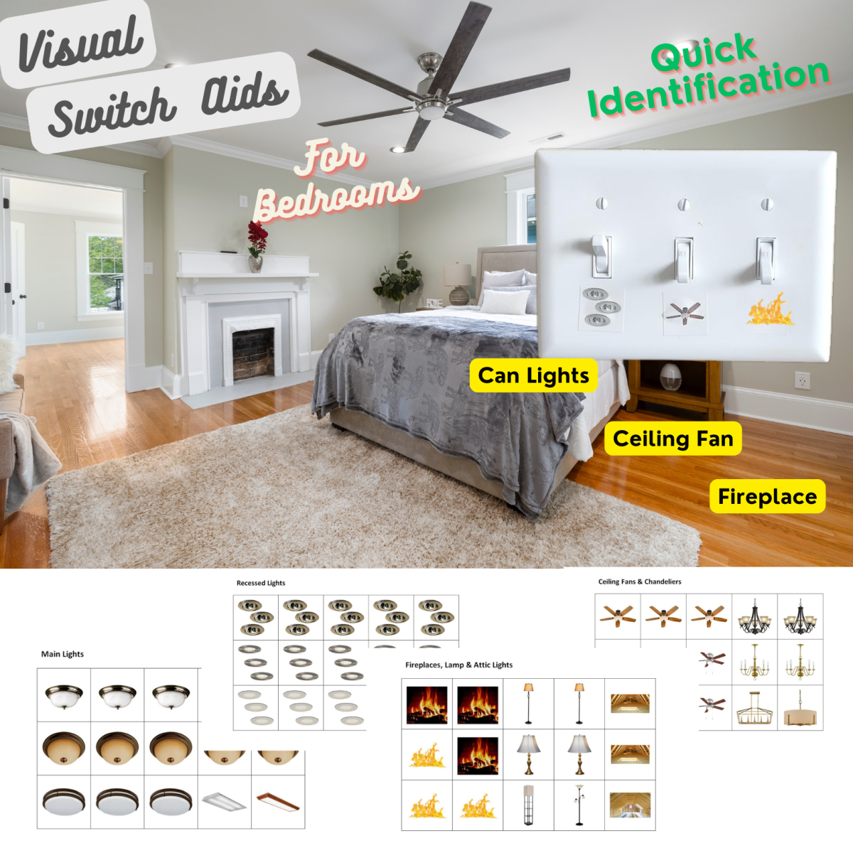 BEDROOMS: Correct Switch labels help will quick identification of primary lights (main, ceiling fan,  recessed lights). Correct Switch even covers fireplaces and spot lights.