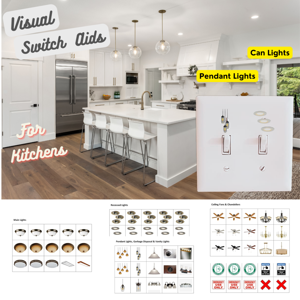 KITCHENS: Correct Switch labels cover your primary kitchen needs. Correct Switch offers labels for main lights, pendant lights, recessed light, lights that lead outdoor areas, even the garbage disposal.